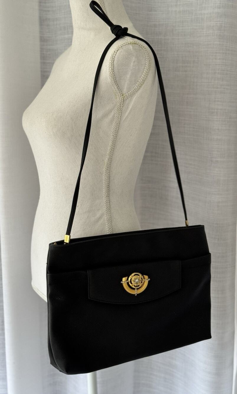 RODO Italy Black Evening Bag Crossbody Strap Gold Silver Button Embellishment